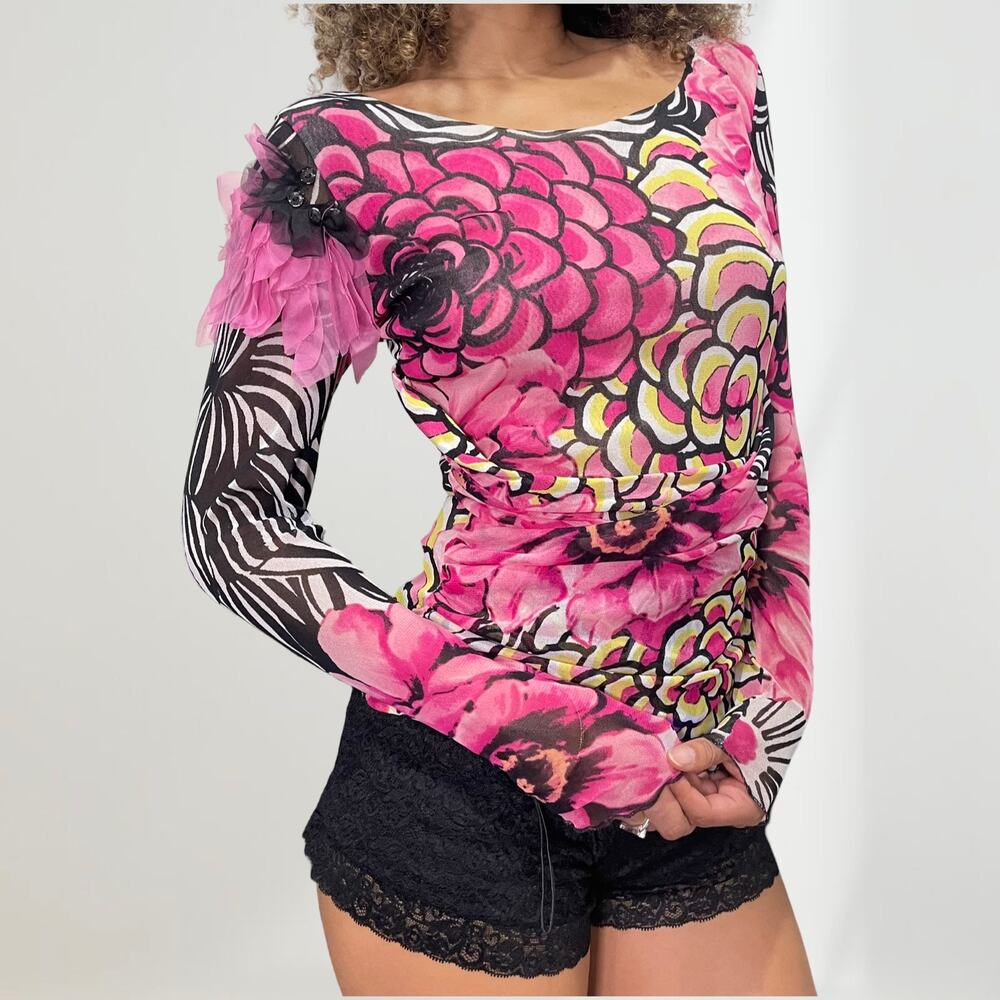 Vintage Italian Brand pink floral micro mesh long sleeve with silk floral trim